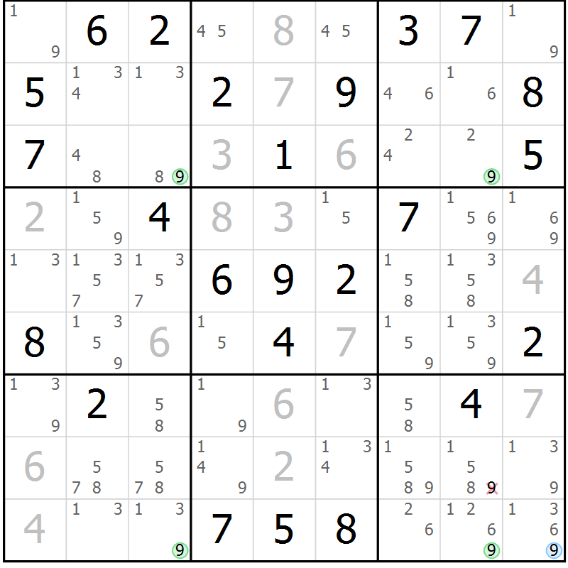 Position des candidats pour la solution de la Gr 47 page 50 du magazine de sudoku Maestro n° 101
