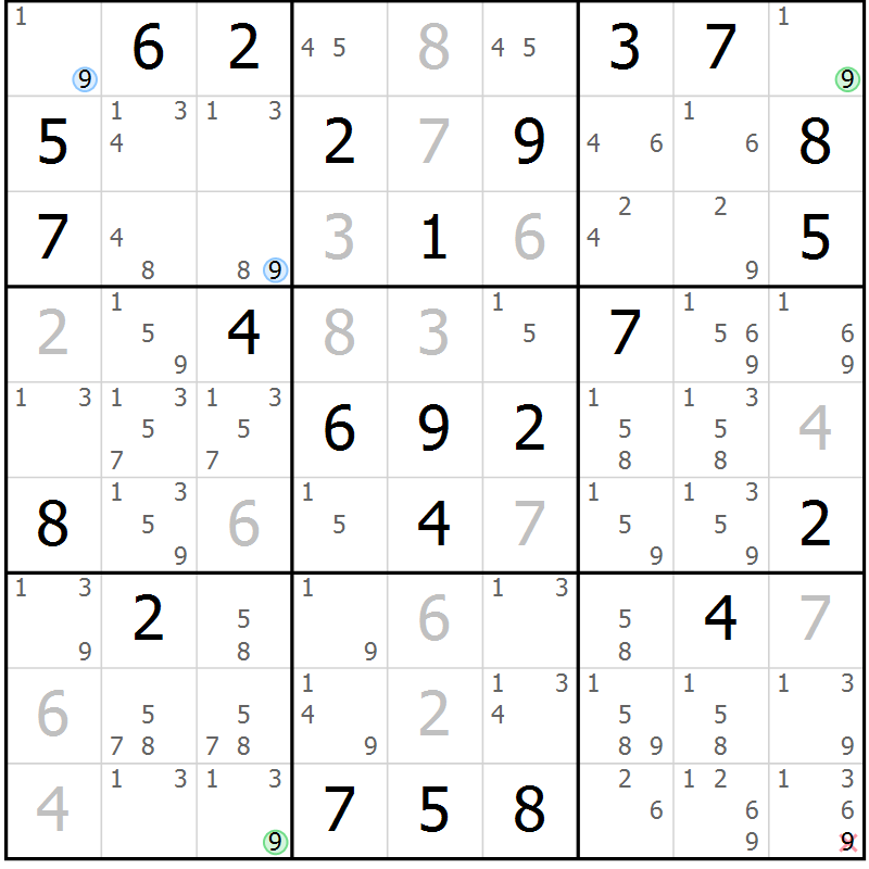 Position des candidats pour la solution de la Gr 47 page 50 du magazine de sudoku Maestro n° 101