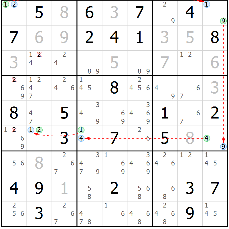 Position des candidats pour la solution de la Gr 48 page 51 du magazine de sudoku Maestro n° 101