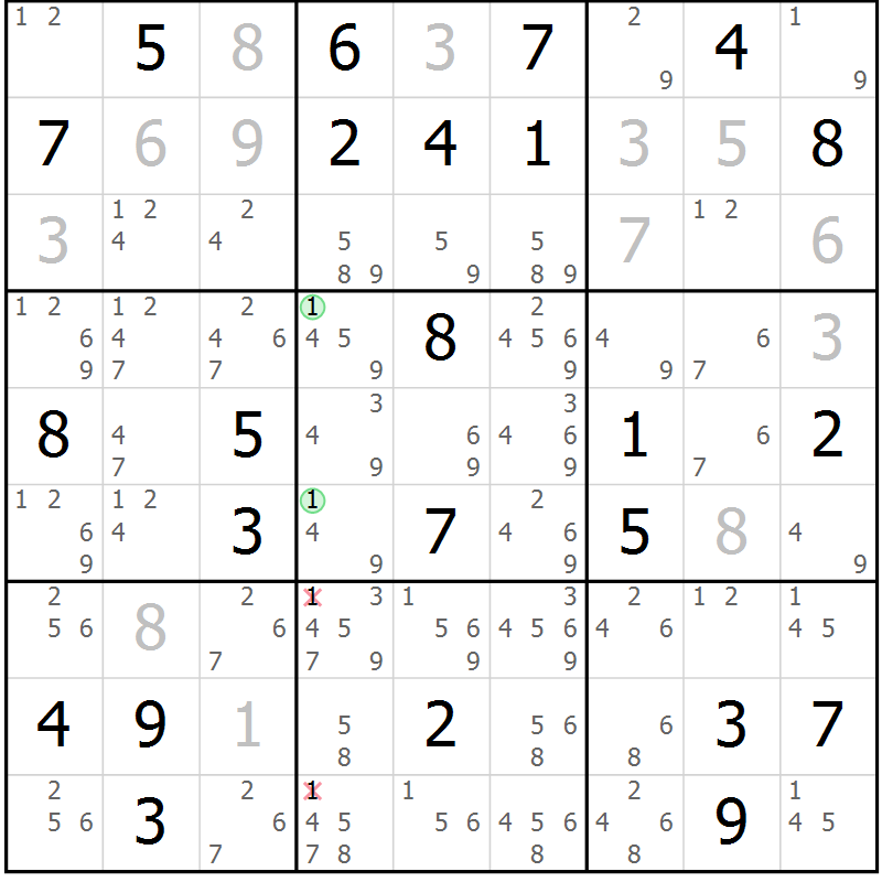 Position des candidats pour la solution de la Gr 48 page 51 du magazine de sudoku Maestro n° 101