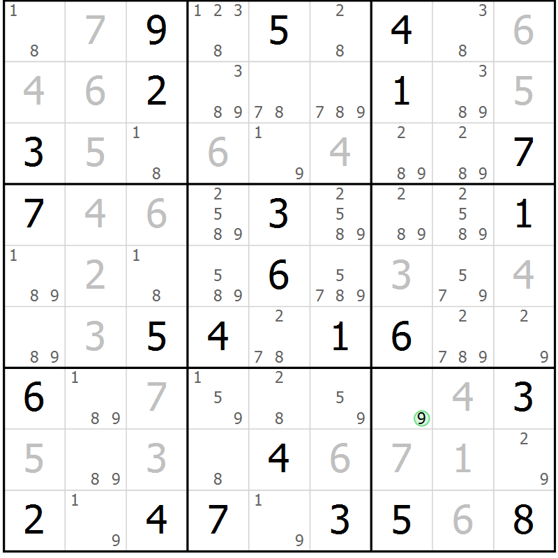 Position des candidats pour la solution de la Gr 49 page 52 du magazine de sudoku Maestro n° 101