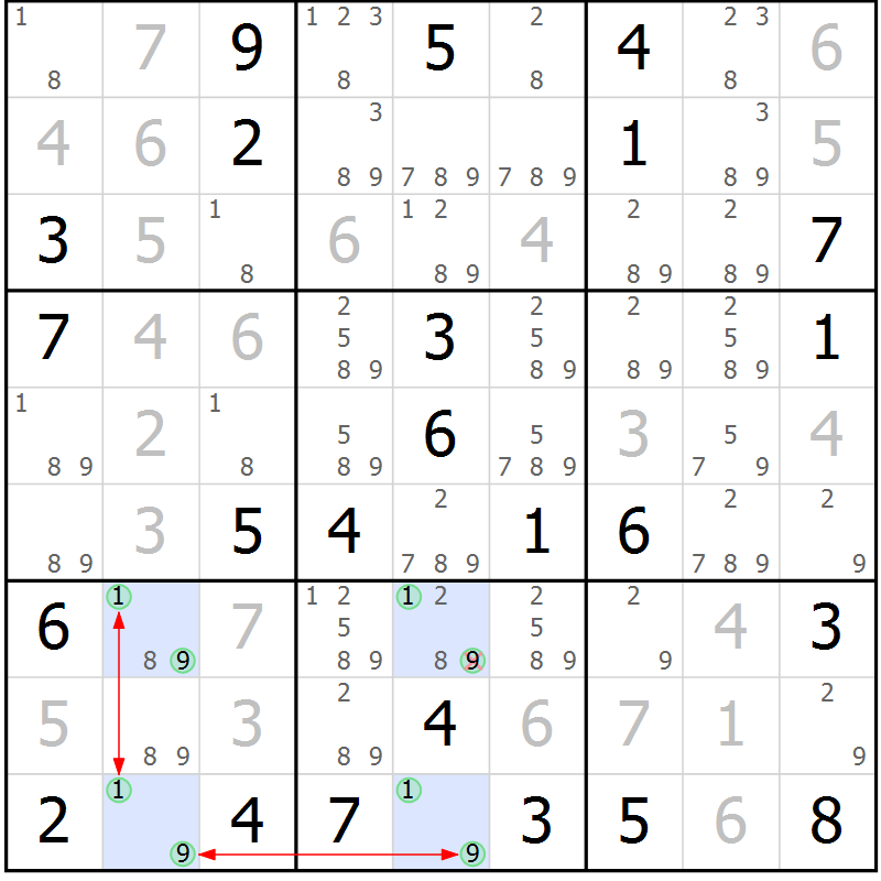 Position des candidats pour la solution de la Gr 49 page 52 du magazine de sudoku Maestro n° 101