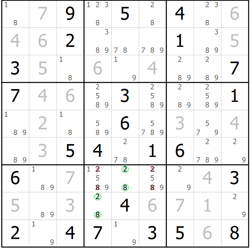 Position des candidats pour la solution de la Gr 49 page 52 du magazine de sudoku Maestro n° 101
