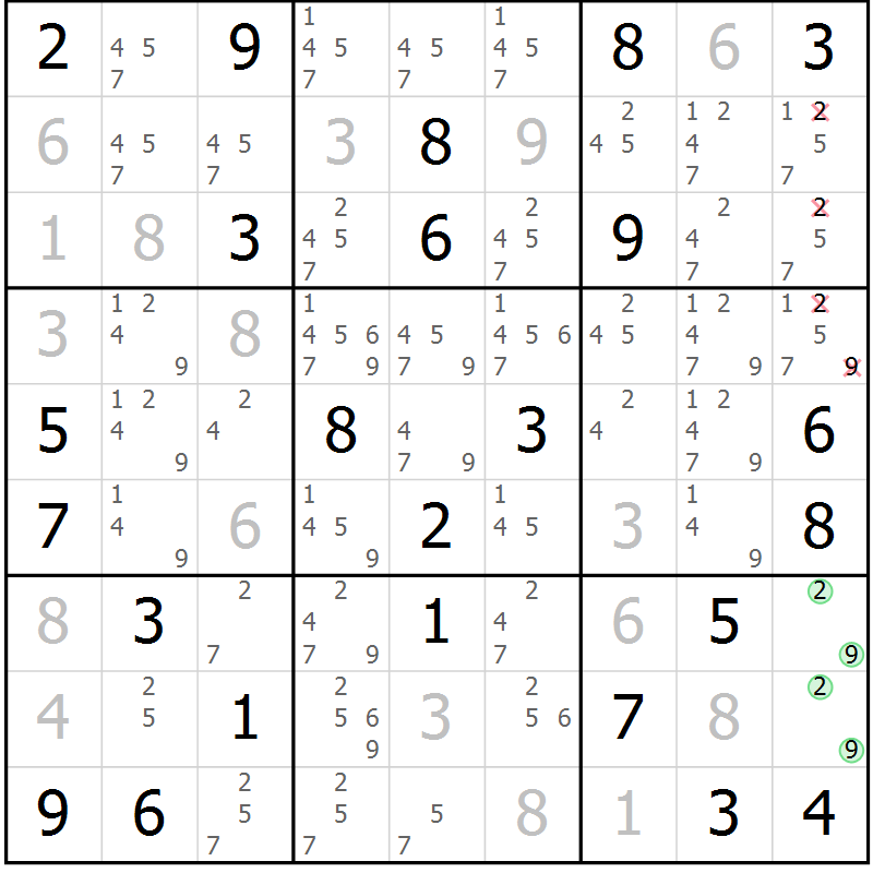 Position des candidats pour la solution de la Gr 50 page 53 du magazine de sudoku Maestro n° 101