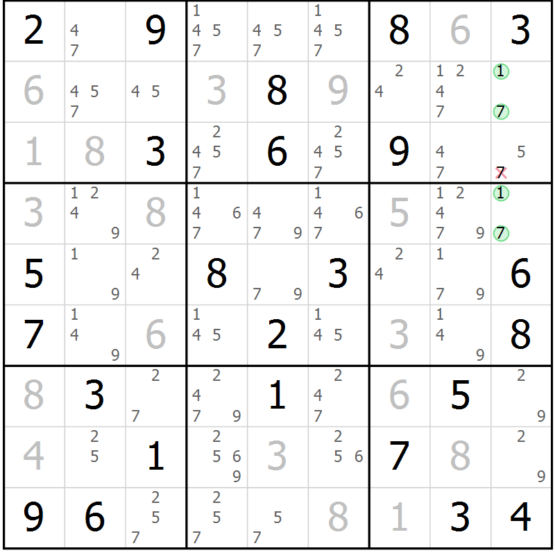 Position des candidats pour la solution de la Gr 50 page 53 du magazine de sudoku Maestro n° 101