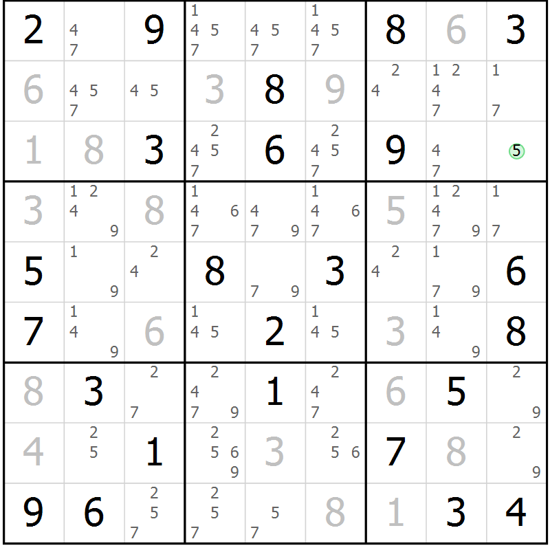 Position des candidats pour la solution de la Gr 50 page 53 du magazine de sudoku Maestro n° 101