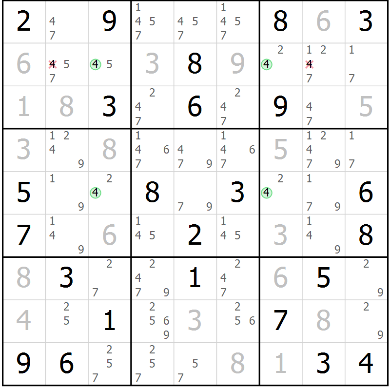 Position des candidats pour la solution de la Gr 50 page 53 du magazine de sudoku Maestro n° 101