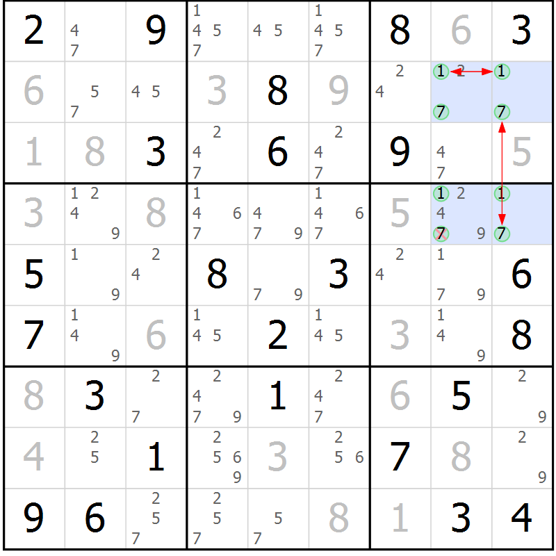 Position des candidats pour la solution de la Gr 50 page 53 du magazine de sudoku Maestro n° 101