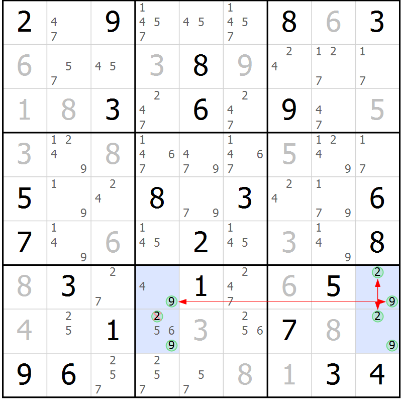 Position des candidats pour la solution de la Gr 50 page 53 du magazine de sudoku Maestro n° 101