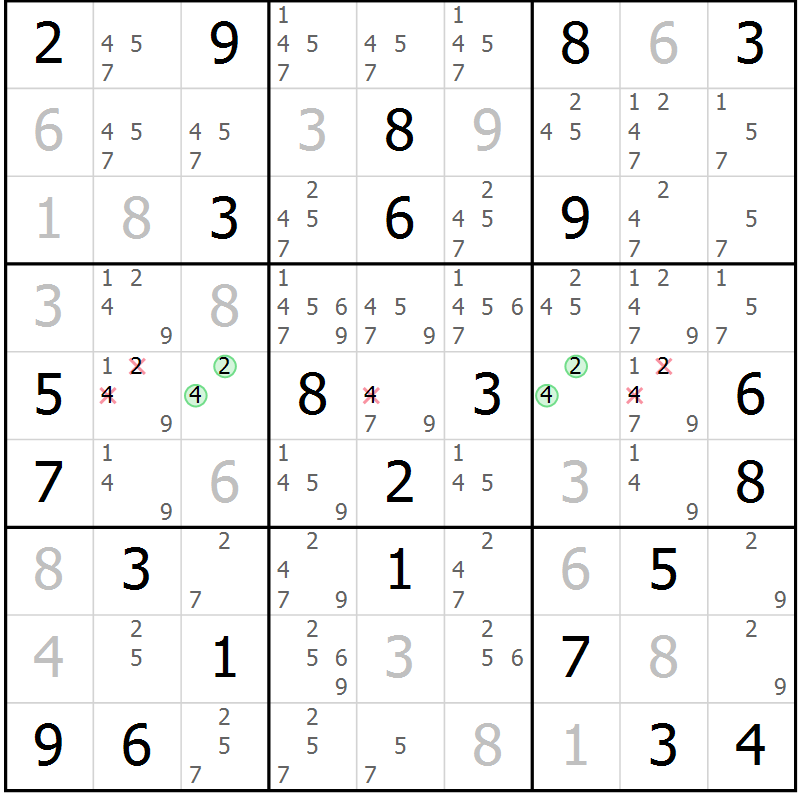 Position des candidats pour la solution de la Gr 50 page 53 du magazine de sudoku Maestro n° 101