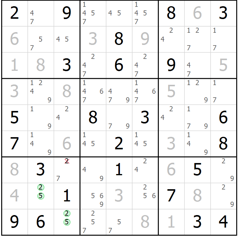 Position des candidats pour la solution de la Gr 50 page 53 du magazine de sudoku Maestro n° 101