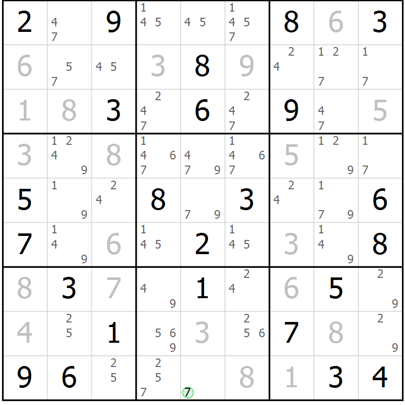 Position des candidats pour la solution de la Gr 50 page 53 du magazine de sudoku Maestro n° 101