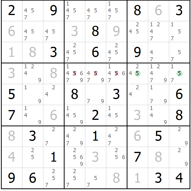 Position des candidats pour la solution de la Gr 50 page 53 du magazine de sudoku Maestro n° 101