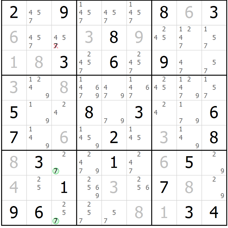 Position des candidats pour la solution de la Gr 50 page 53 du magazine de sudoku Maestro n° 101