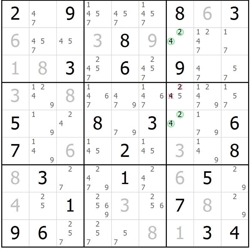 Position des candidats pour la solution de la Gr 50 page 53 du magazine de sudoku Maestro n° 101