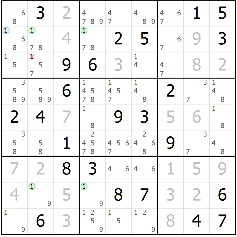 Position des candidats pour la solution de la Gr 51 page 54 du magazine de sudoku Maestro n° 101