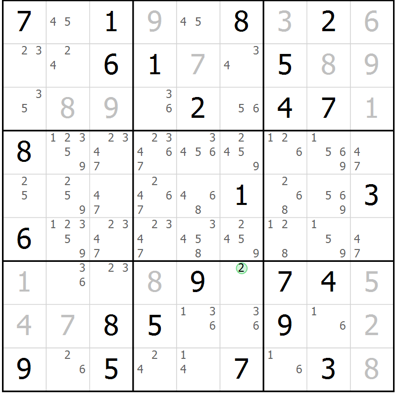 Position des candidats pour la solution de la Gr 52 page 55 du magazine de sudoku Maestro n° 101