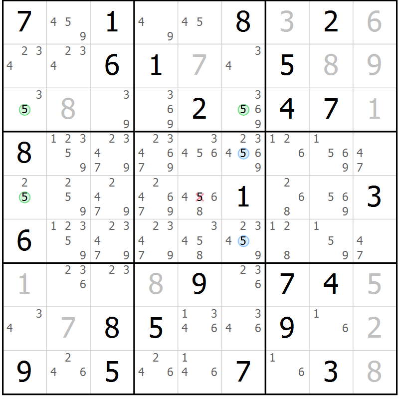Position des candidats pour la solution de la Gr 52 page 55 du magazine de sudoku Maestro n° 101