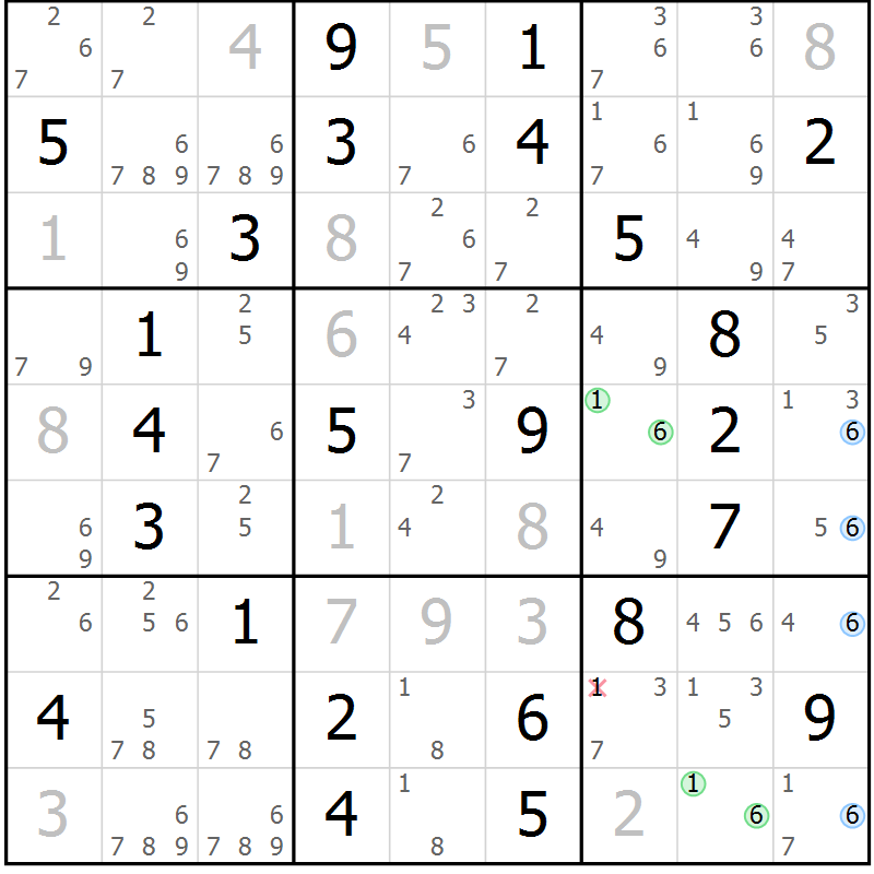 Position des candidats pour la solution de la Gr 53 page 56 du magazine de sudoku Maestro n° 101