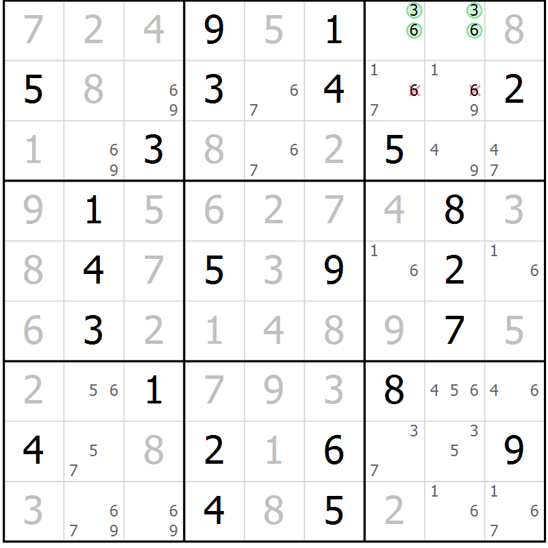 Position des candidats pour la solution de la Gr 53 page 56 du magazine de sudoku Maestro n° 101