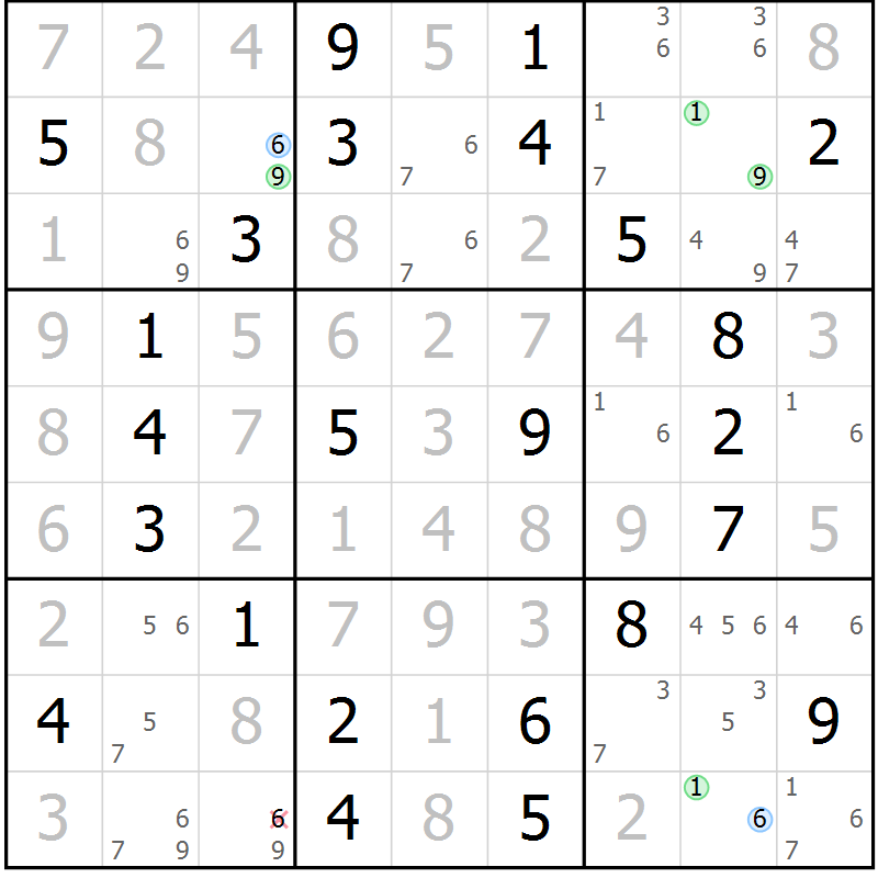 Position des candidats pour la solution de la Gr 53 page 56 du magazine de sudoku Maestro n° 101
