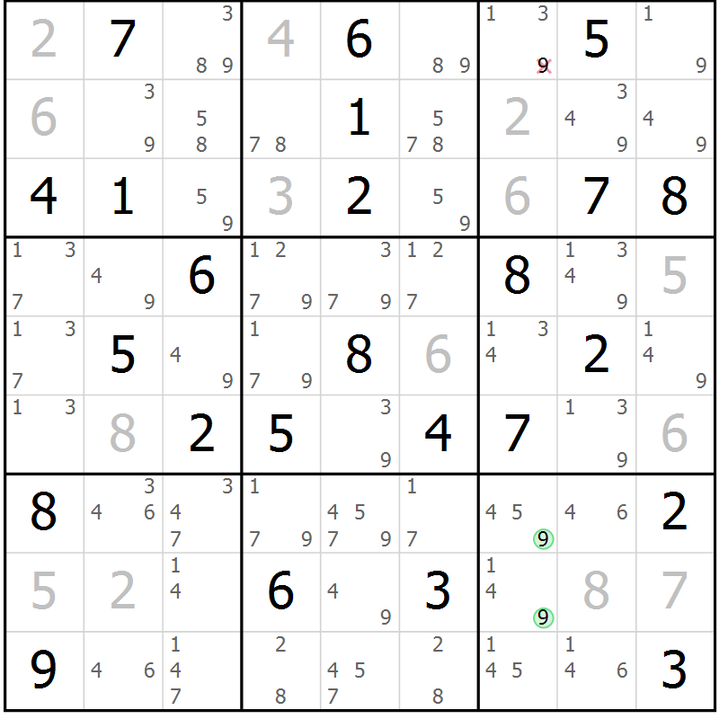 Position des candidats pour la solution de la Gr 54 page 57 du magazine de sudoku Maestro n° 101