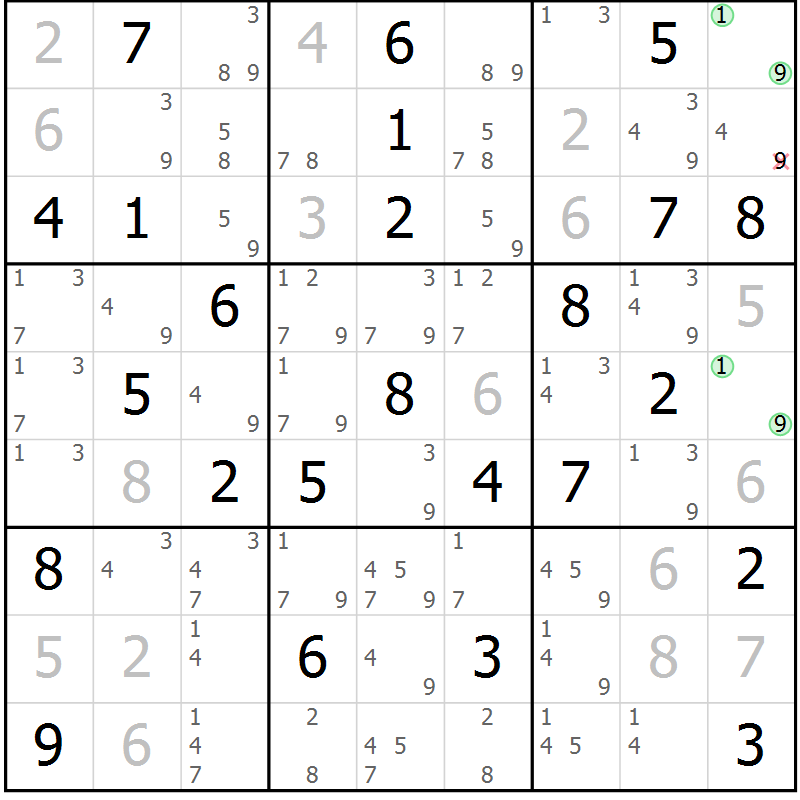 Position des candidats pour la solution de la Gr 54 page 57 du magazine de sudoku Maestro n° 101