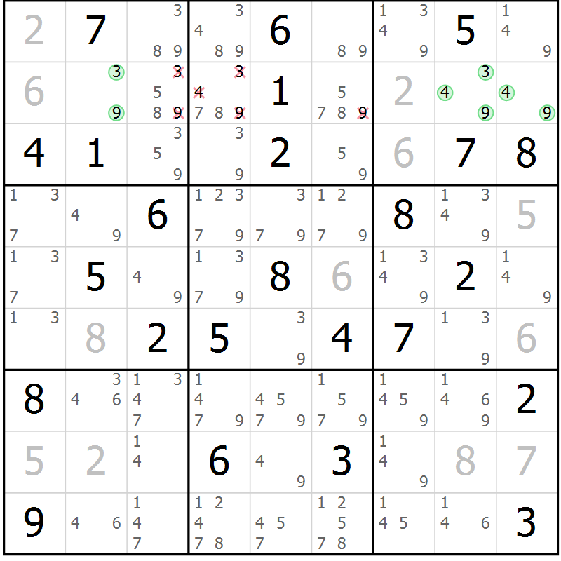 Position des candidats pour la solution de la Gr 54 page 57 du magazine de sudoku Maestro n° 101