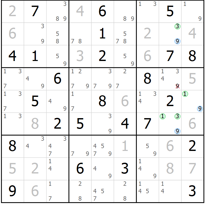 Position des candidats pour la solution de la Gr 54 page 57 du magazine de sudoku Maestro n° 101