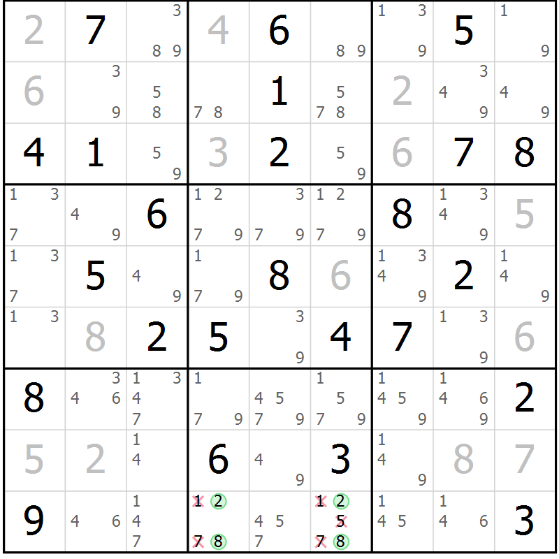 Position des candidats pour la solution de la Gr 54 page 57 du magazine de sudoku Maestro n° 101