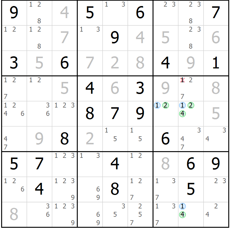 Position des candidats pour la solution de la Gr 55 page 58 du magazine de sudoku Maestro n° 101