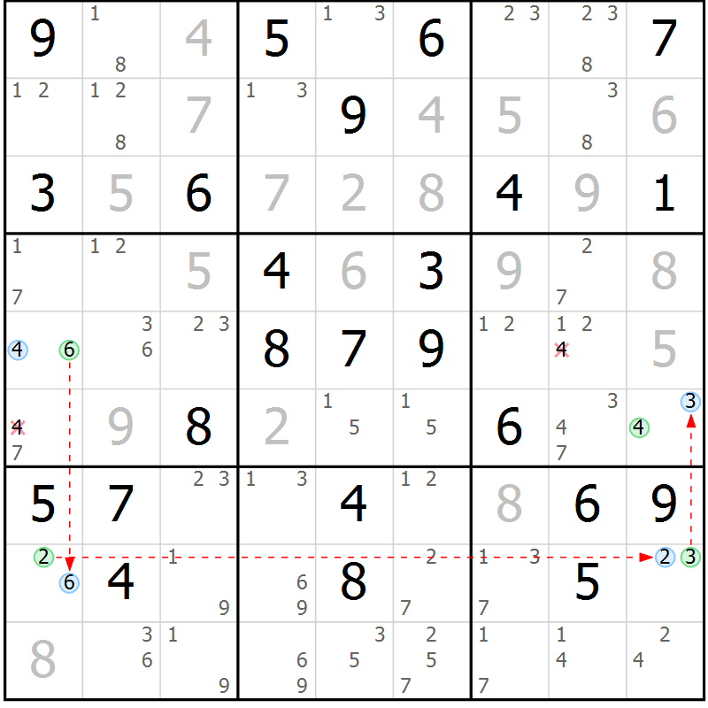 Position des candidats pour la solution de la Gr 55 page 58 du magazine de sudoku Maestro n° 101