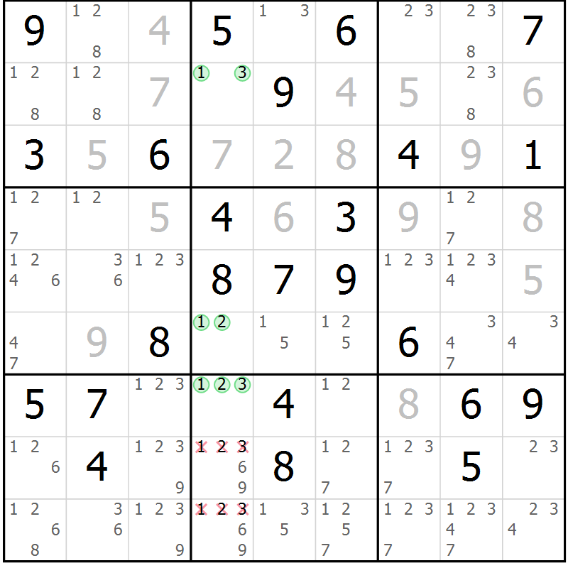 Position des candidats pour la solution de la Gr 55 page 58 du magazine de sudoku Maestro n° 101
