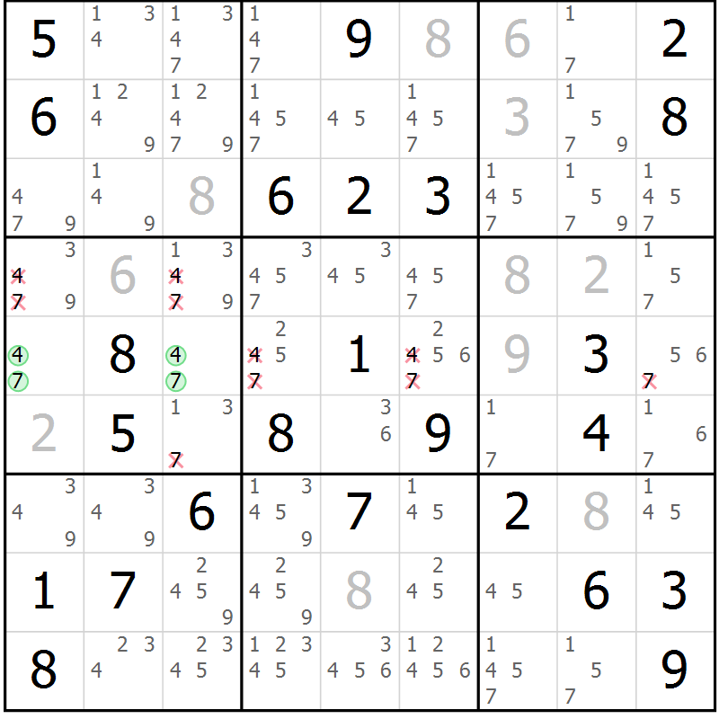 Position des candidats pour la solution de la Gr 56 page 59 du magazine de sudoku Maestro n° 101