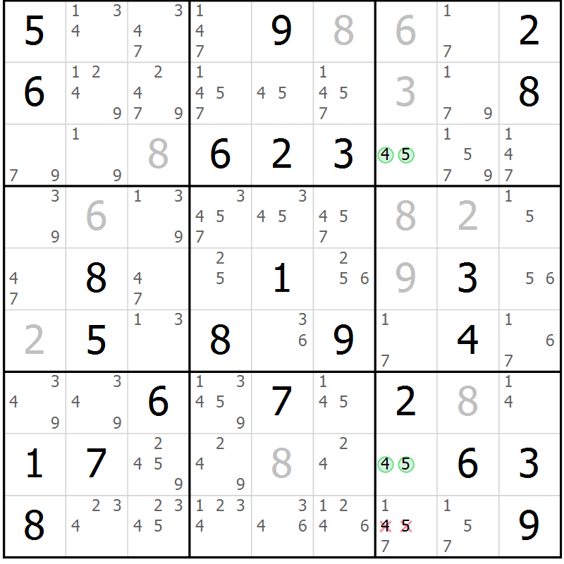 Position des candidats pour la solution de la Gr 56 page 59 du magazine de sudoku Maestro n° 101