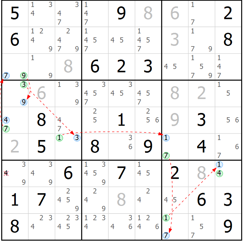 Position des candidats pour la solution de la Gr 56 page 59 du magazine de sudoku Maestro n° 101