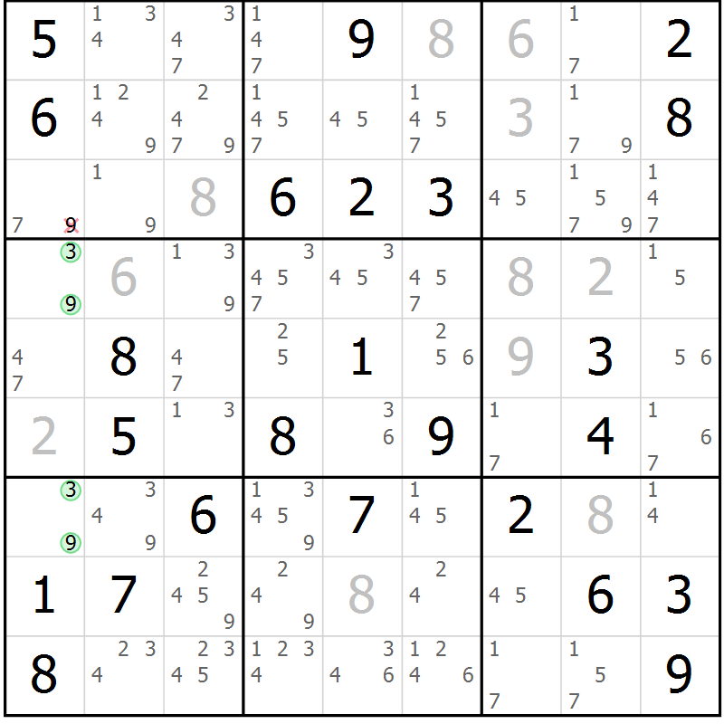 Position des candidats pour la solution de la Gr 56 page 59 du magazine de sudoku Maestro n° 101