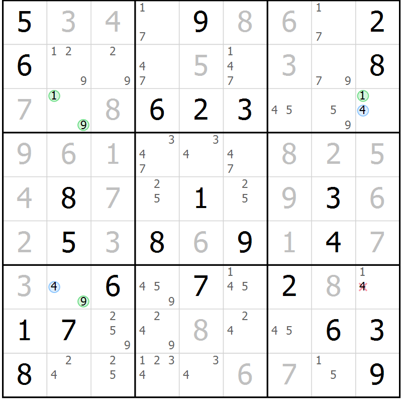 Position des candidats pour la solution de la Gr 56 page 59 du magazine de sudoku Maestro n° 101