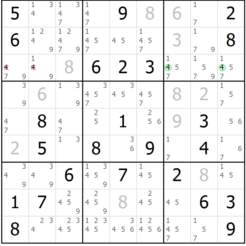 Position des candidats pour la solution de la Gr 56 page 59 du magazine de sudoku Maestro n° 101