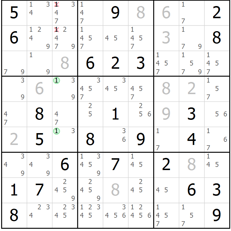 Position des candidats pour la solution de la Gr 56 page 59 du magazine de sudoku Maestro n° 101