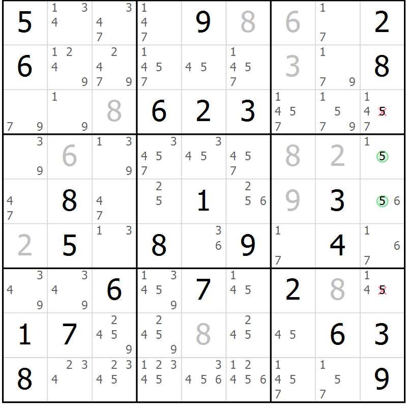 Position des candidats pour la solution de la Gr 56 page 59 du magazine de sudoku Maestro n° 101