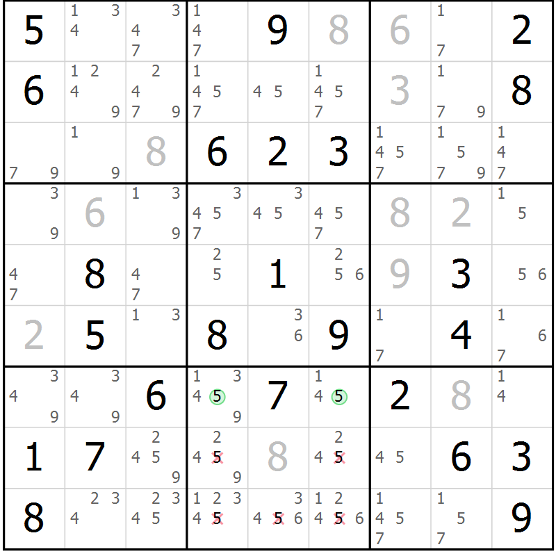 Position des candidats pour la solution de la Gr 56 page 59 du magazine de sudoku Maestro n° 101