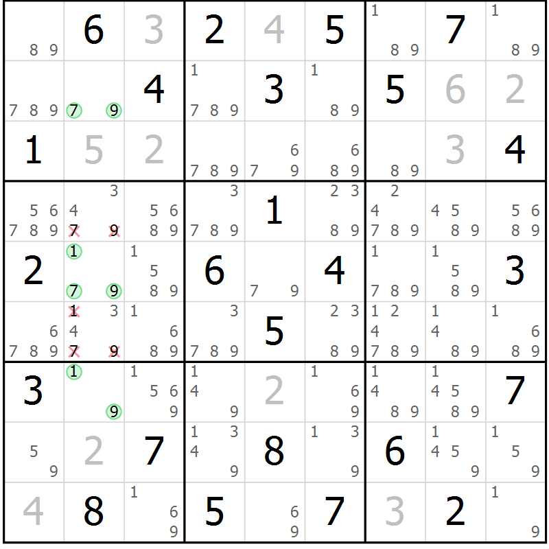 Position des candidats pour la solution de la Gr 57 page 60 du magazine de sudoku Maestro n° 101