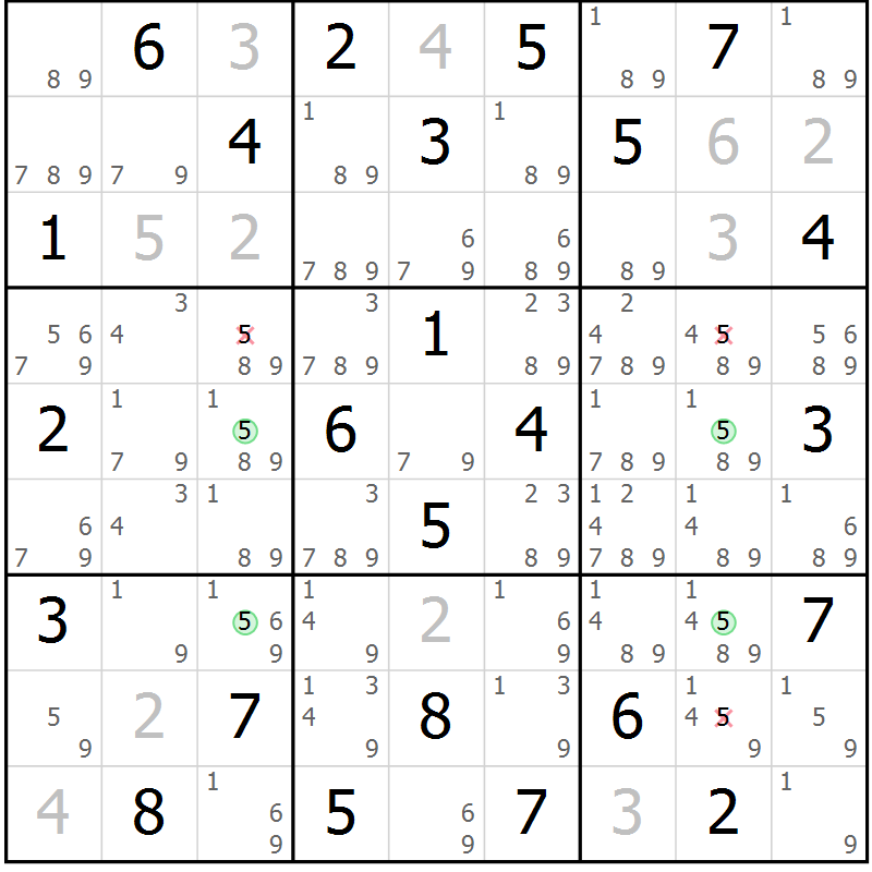Position des candidats pour la solution de la Gr 57 page 60 du magazine de sudoku Maestro n° 101