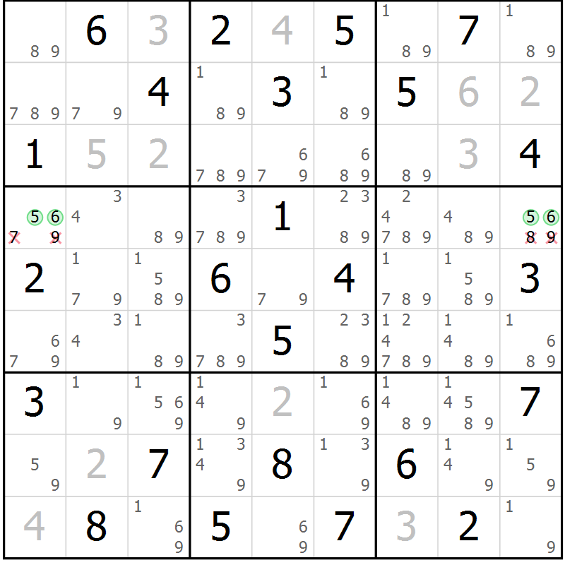 Position des candidats pour la solution de la Gr 57 page 60 du magazine de sudoku Maestro n° 101