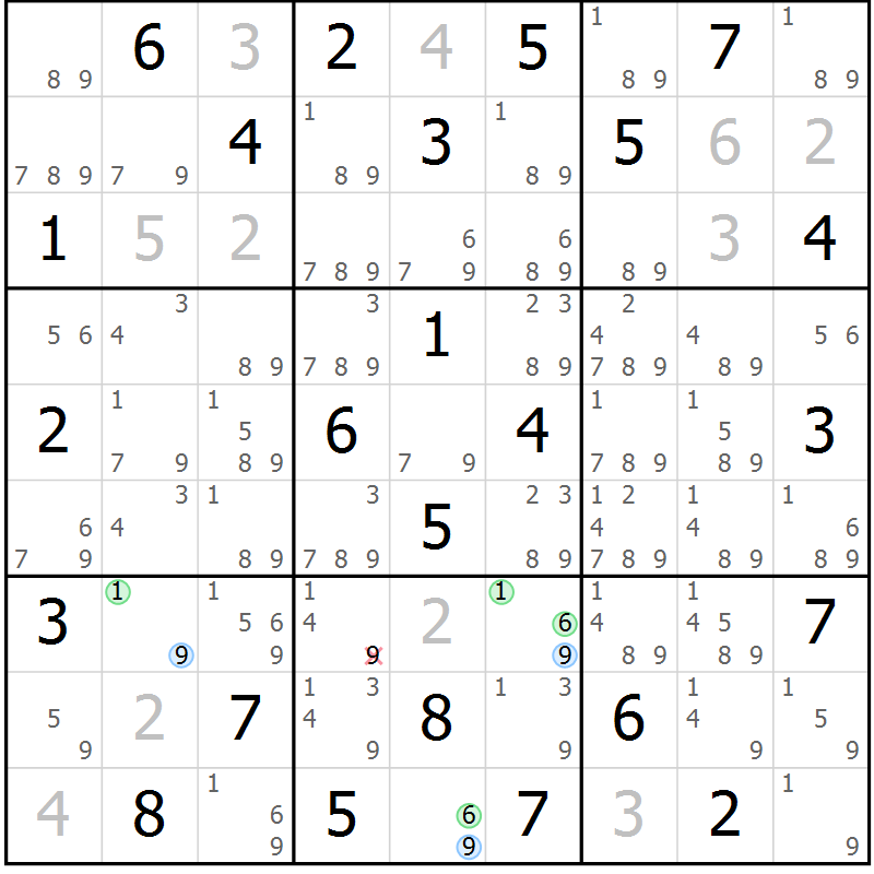 Position des candidats pour la solution de la Gr 57 page 60 du magazine de sudoku Maestro n° 101