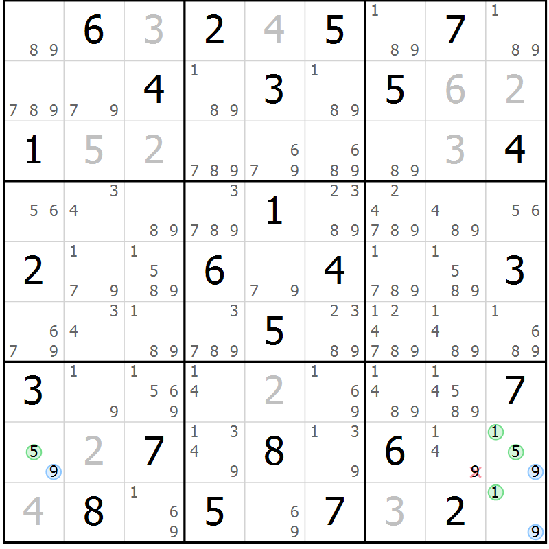 Position des candidats pour la solution de la Gr 57 page 60 du magazine de sudoku Maestro n° 101