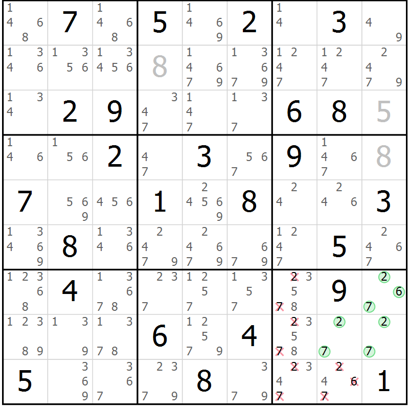 Position des candidats pour la solution de la Gr 58 page 61 du magazine de sudoku Maestro n° 101