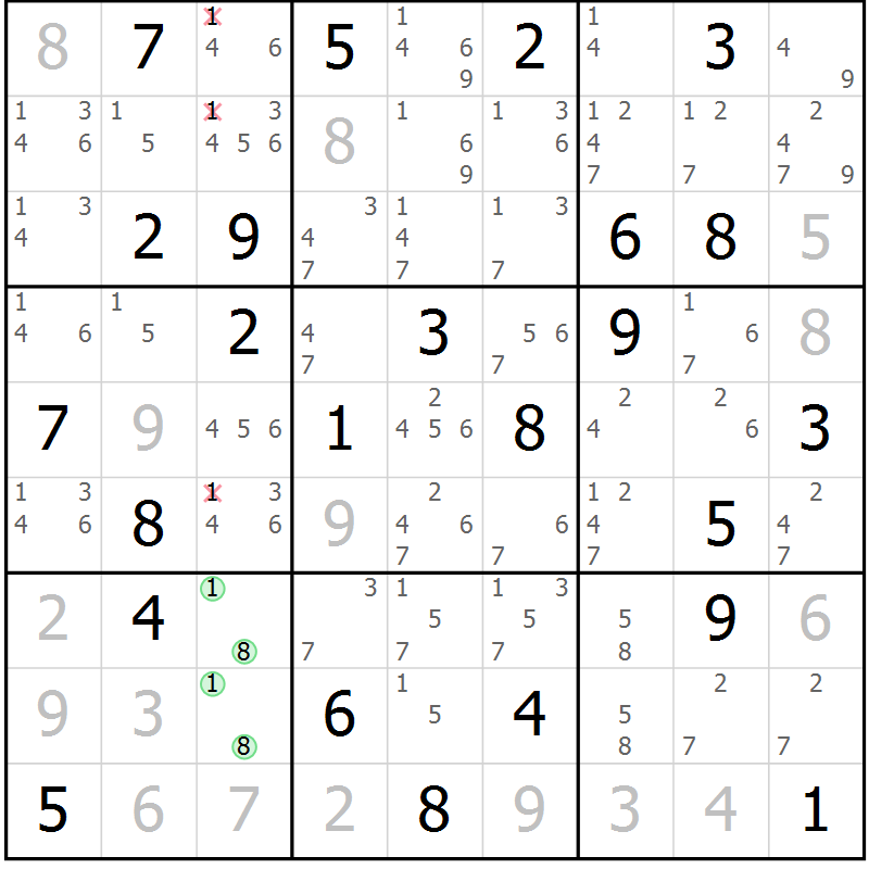Position des candidats pour la solution de la Gr 58 page 61 du magazine de sudoku Maestro n° 101