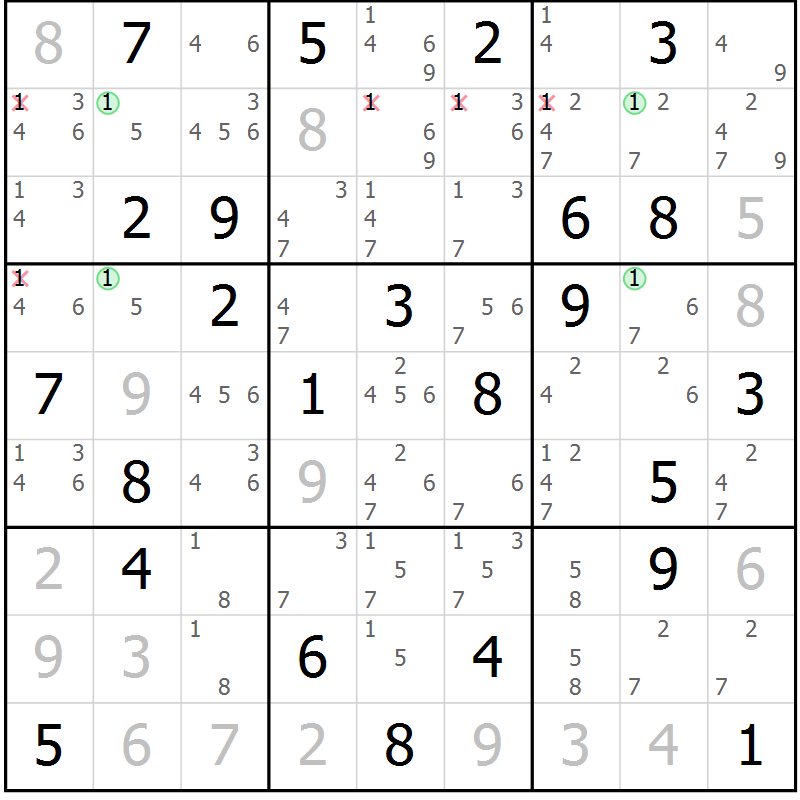 Position des candidats pour la solution de la Gr 58 page 61 du magazine de sudoku Maestro n° 101